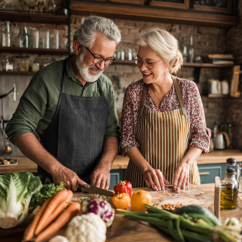 Подружжя у віці 55-60 років готує здорову страву разом на кухні, усміхаючись та відчуваючи енергію