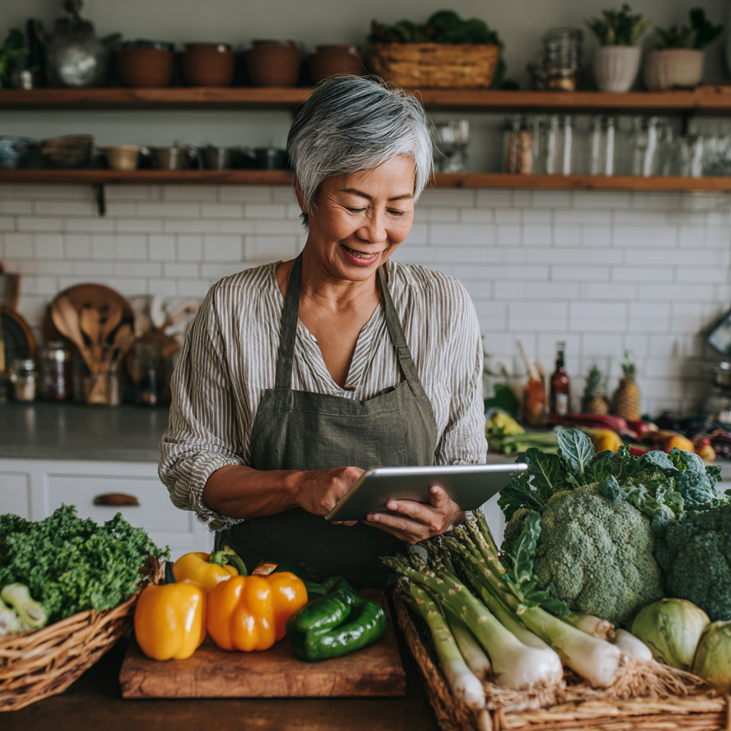 Жінка 55 років тримає планшет з додатком планування харчування на кухні з свіжими овочами та фруктами